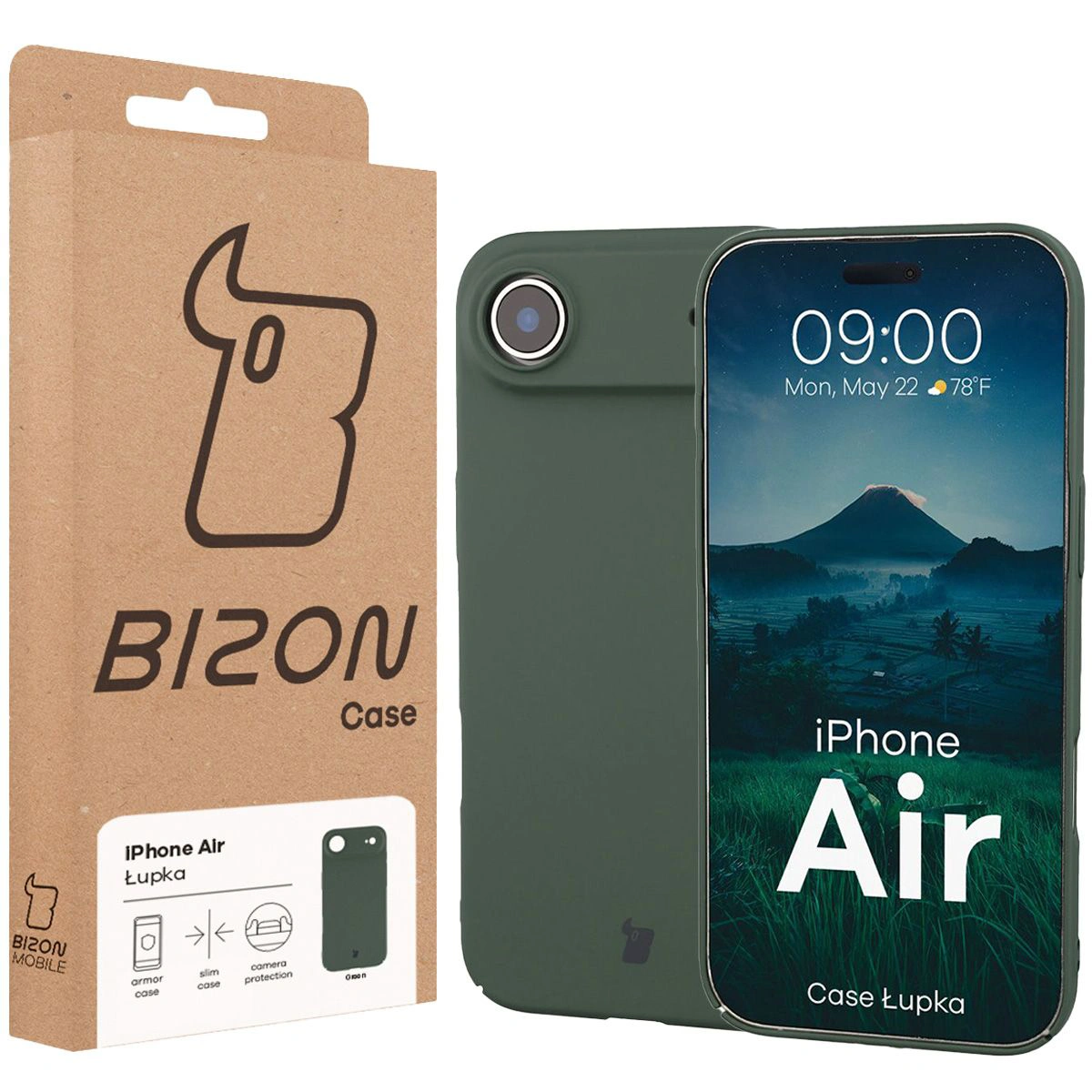 Przód pudełka Bizon Case z dedykowaną etykietą do Apple iPhone Air
